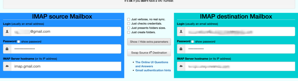 A screenshot of the imapsync tool web interface