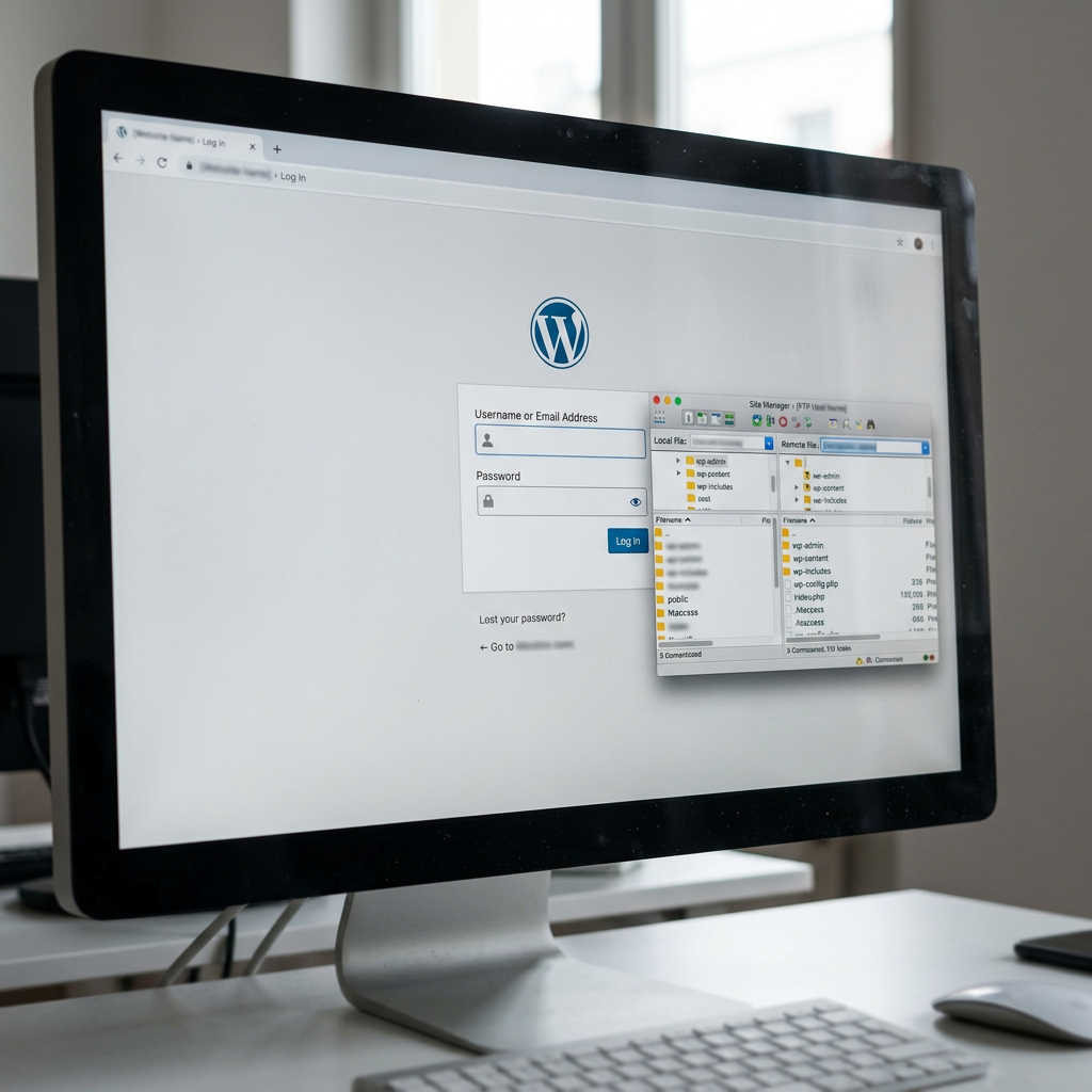 WordPress login page displayed on a desktop monitor with an overlapping file manager window